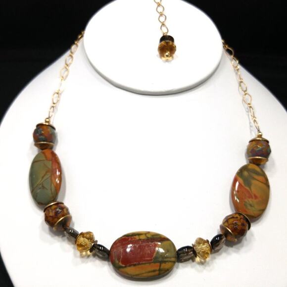 Gemstone Jasper Crystal Necklace, Matching Ear Wire Earrings, Earth Tones, 19 In - Picture 6 of 8